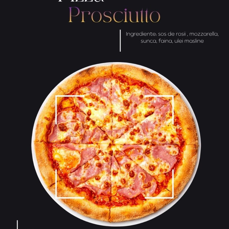 Pizza Prosciutto îmbină simplitatea și rafinamentul bucătăriei italiene într-un preparat clasic, iubit de toți. Blatul subțire și rumen, sosul de roșii aromat și mozzarella topită se completează perfect cu felii fine de șuncă Prosciutto, oferind un echilibru ideal între savoare și textură.