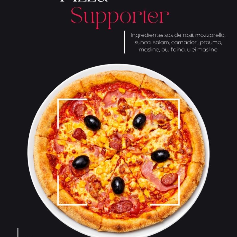 Pizza Supporter este combinația care definește identitatea brandului: un blat rumen și aerat, sos de roșii intens aromat, mozzarella topită și un mix generos de ingrediente care transformă fiecare felie într-o experiență completă. Este pizza preferată de clienții noștri, creată special pentru cei care vor gust, consistență și satisfacție maximă.
