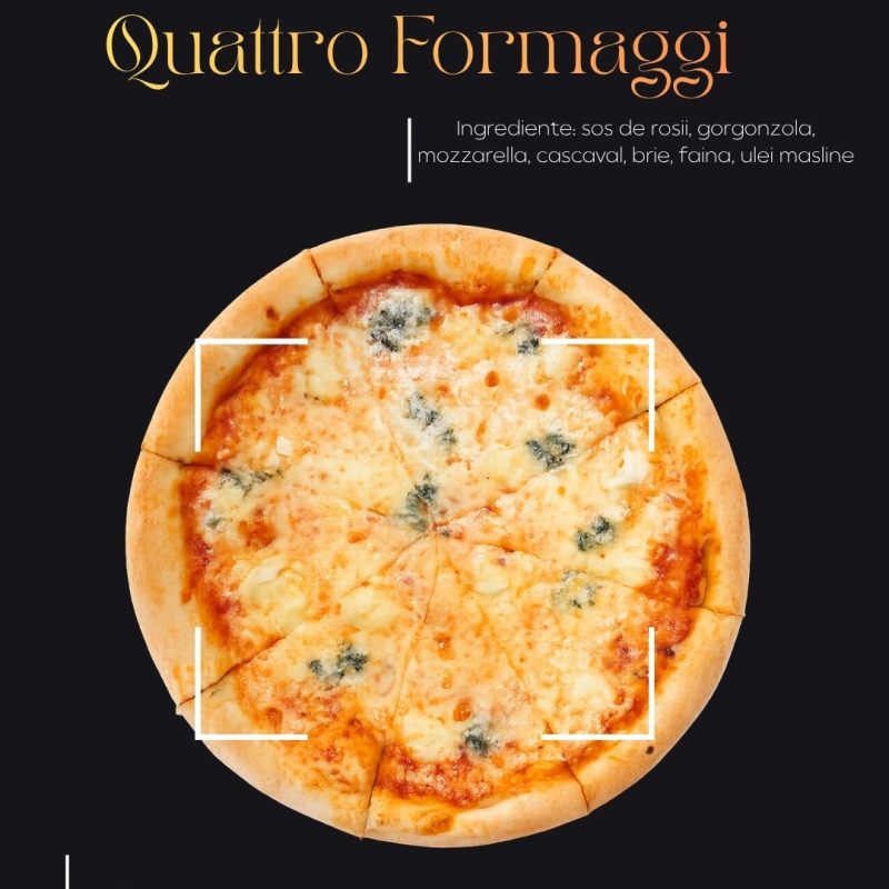 Pizza Quattro Formaggi de la Supporter Sibiu este alegerea perfect? pentru cei care caut? o experien?? culinar? premium, livrat? rapid ?i fierbinte direct la u??. Preparat? cu un mix rafinat de mozzarella, gorgonzola, parmezan ?i emmentaler, aceast? pizza ofer? un gust intens, cremos ?i perfect echilibrat, ideal pentru iubitorii de brânzeturi autentice.