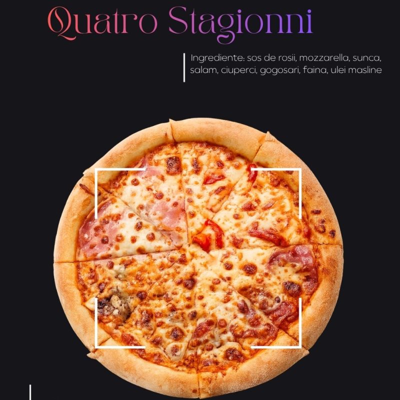 Pizza Quattro Stagioni de la Supporter Sibiu este o alegere clasică și rafinată, perfectă pentru cei care iubesc diversitatea gusturilor autentice italiene. Fiecare sfert al acestei pizza reprezintă un anotimp al savorii: șuncă fină, ciuperci aromate, măsline negre și ardei proaspeți, toate așezate pe o crustă aurie, ușor crocantă, acoperită cu sos de roșii și brânză mozzarella.