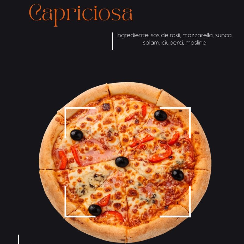 Pizza Capriciosa de la Supporter Sibiu este alegerea perfectă pentru cei care iubesc combinațiile bogate și echilibrate de gusturi autentice italiene. Preparată pe o crustă aurie, ușor crocantă, această pizza îmbină armonios șuncă fină, ciuperci proaspete, măsline negre, felii de roșii și brânză mozzarella topită, peste un strat de sos de roșii aromat.