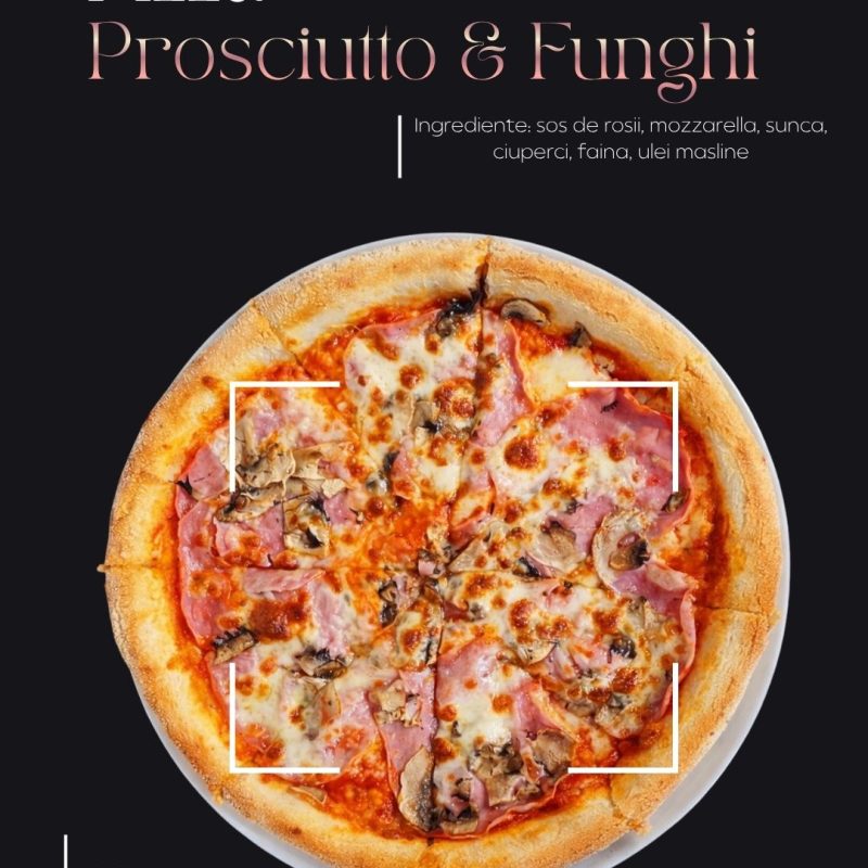 izza Prosciutto & Funghi de la Supporter Delivery combină gustul autentic italian cu ingrediente de calitate superioară. Blatul subțire și crocant este acoperit cu sos de roșii aromat, mozzarella topită, șuncă fină și ciuperci proaspete — o armonie perfectă între texturi și arome. Fiecare felie oferă un echilibru între dulceața brânzei, savoarea ciupercilor și gustul intens al șuncii, pentru o experiență culinară completă.
